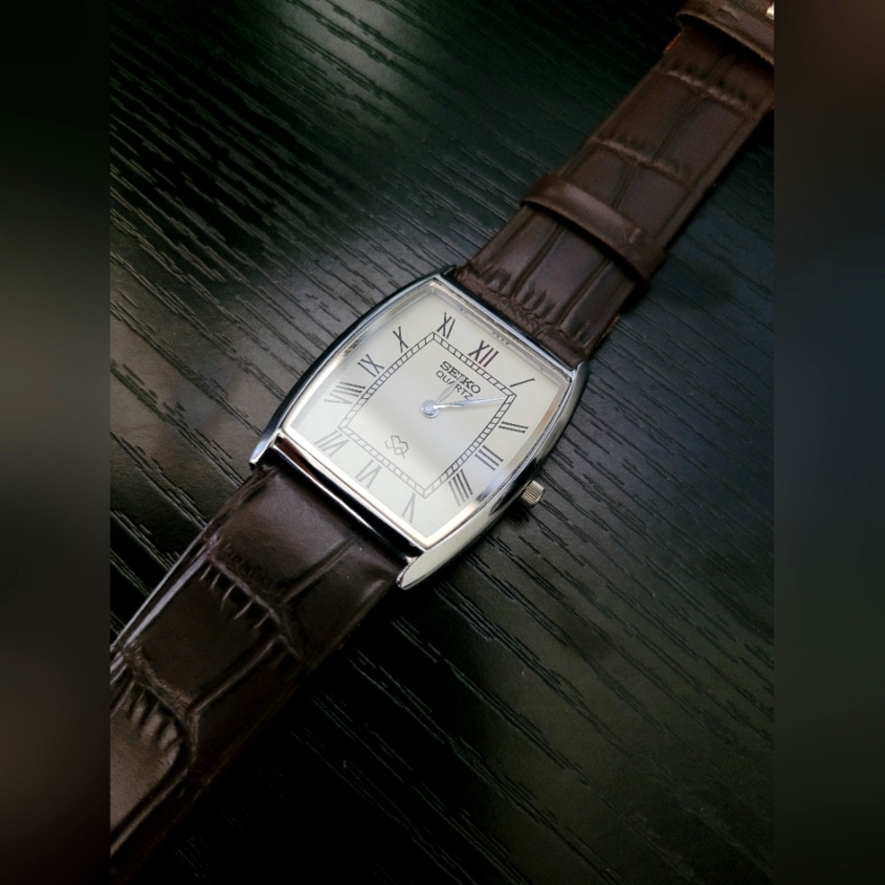 Seiko Silver Rectangular Watch with Brown Leather Strap